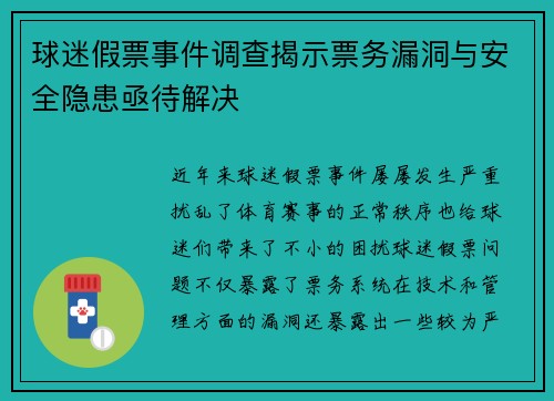 球迷假票事件调查揭示票务漏洞与安全隐患亟待解决