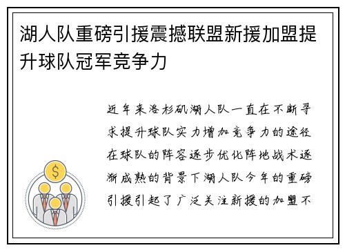 湖人队重磅引援震撼联盟新援加盟提升球队冠军竞争力
