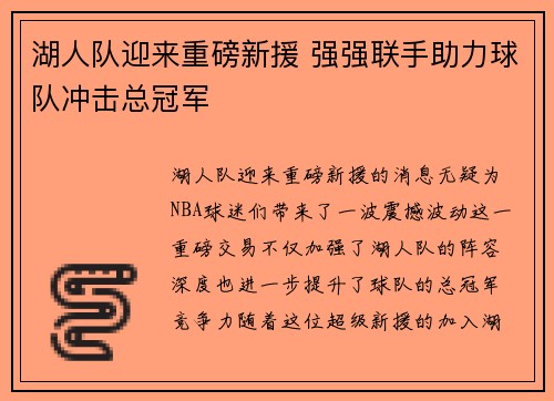 湖人队迎来重磅新援 强强联手助力球队冲击总冠军